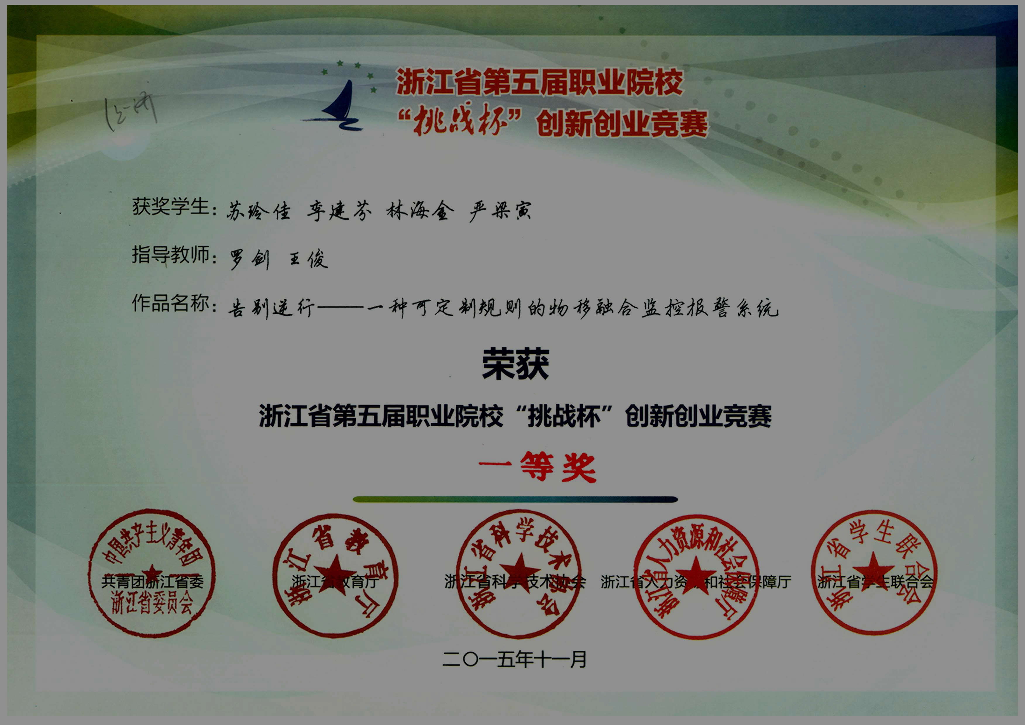 荣获2016年浙江省第五届职业院校“挑战杯”创新创业竞赛一等奖